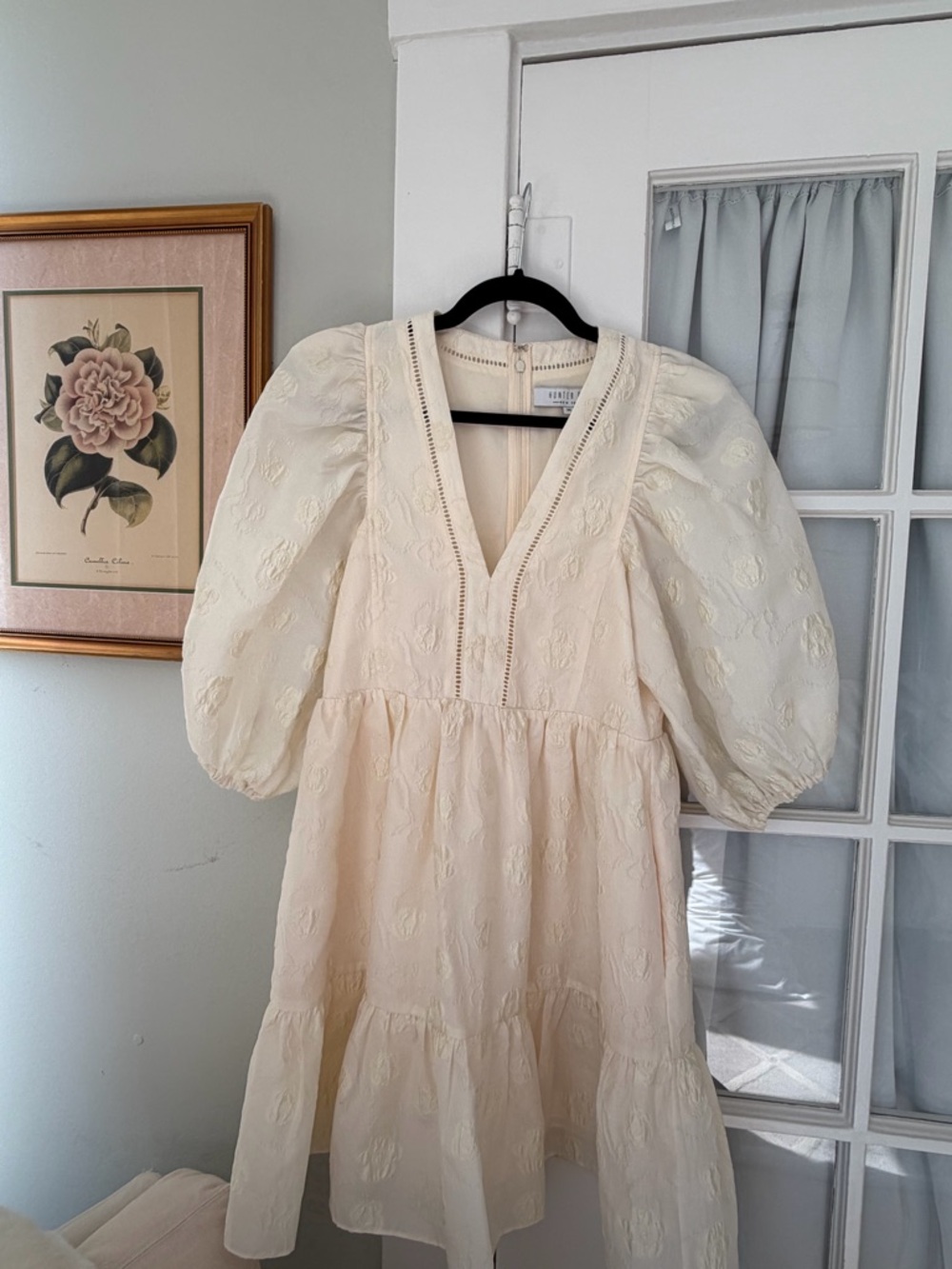 HUNTER BELL Cream Textured Puff-Sleeve Mini Dress